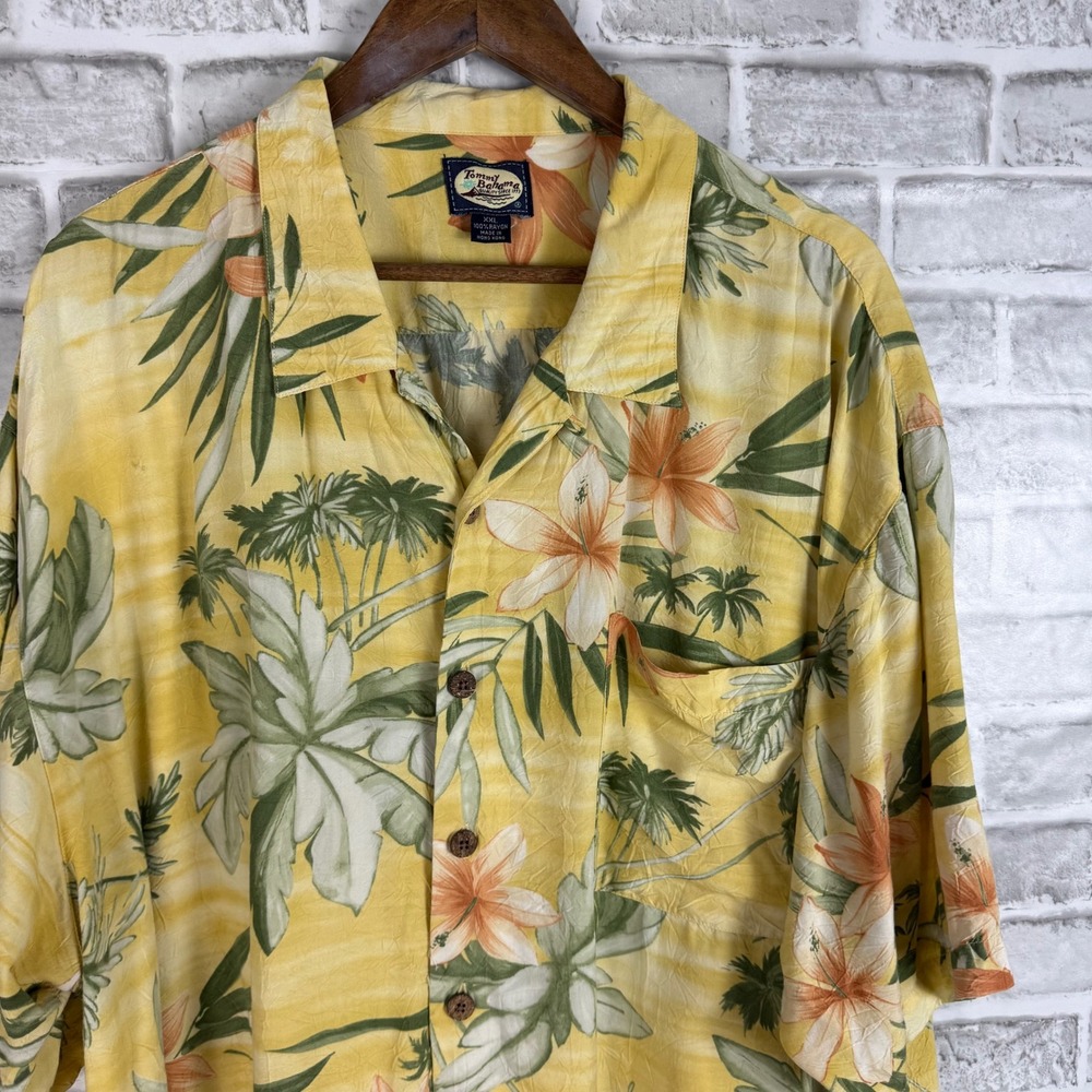 Tommy Bahama Mens XXL Yellow Tropical Floral Palm Rayon Camp Shirt Short Sleeve